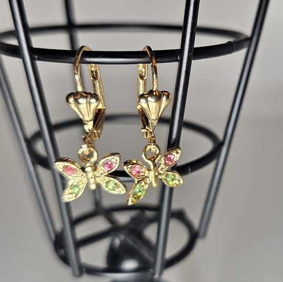 Gold Butterfly Earrings with Red and Green Accents - Picture 3 of 6